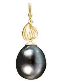 Black Pearls Yellow Gold Fig Cocktail Earrings with Diamonds by the Artist