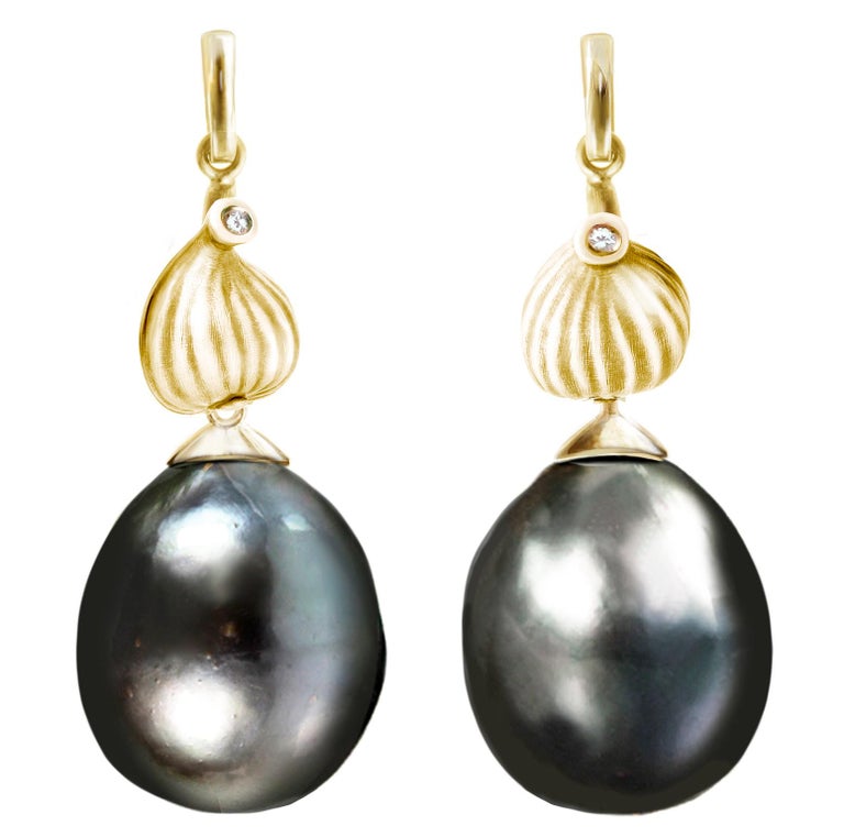 Women's Yellow Gold Fig Cocktail Earrings with Black Pearls and Diamonds by the Artist For Sale