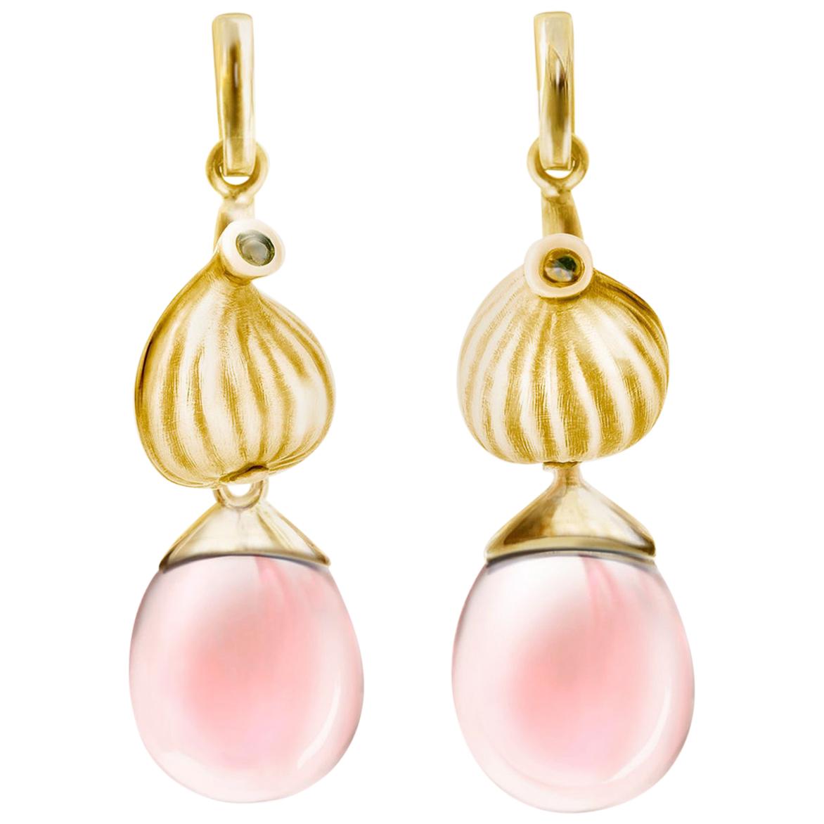 Yellow Gold Fig Cocktail Earrings with Rose Quartzes and Diamonds For Sale