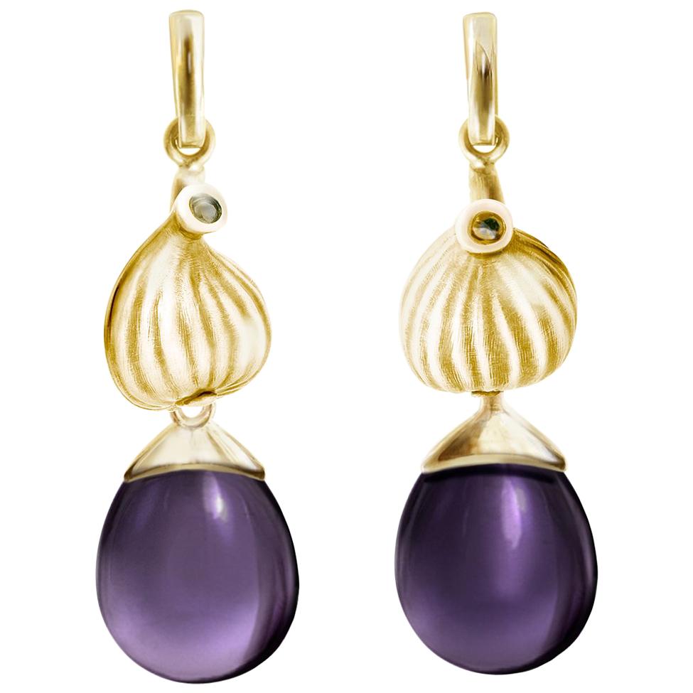 Gold Fig Fruit Earrings with Detachable Amethyst Drops