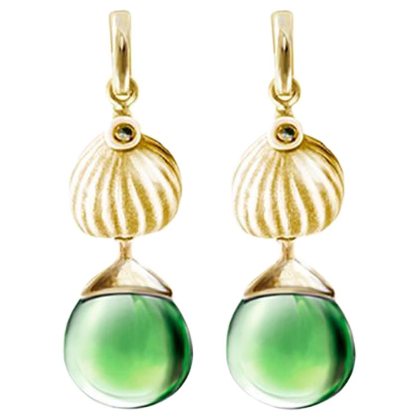 Gold Plated Sterling Silver Contemporary Fig Earrings with Green Amber For Sale