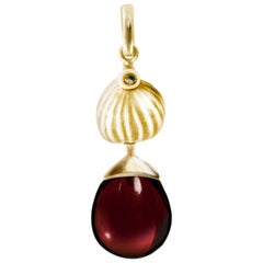Yellow Gold Fig Necklace Pendant with Garnet, Designed by the Artist