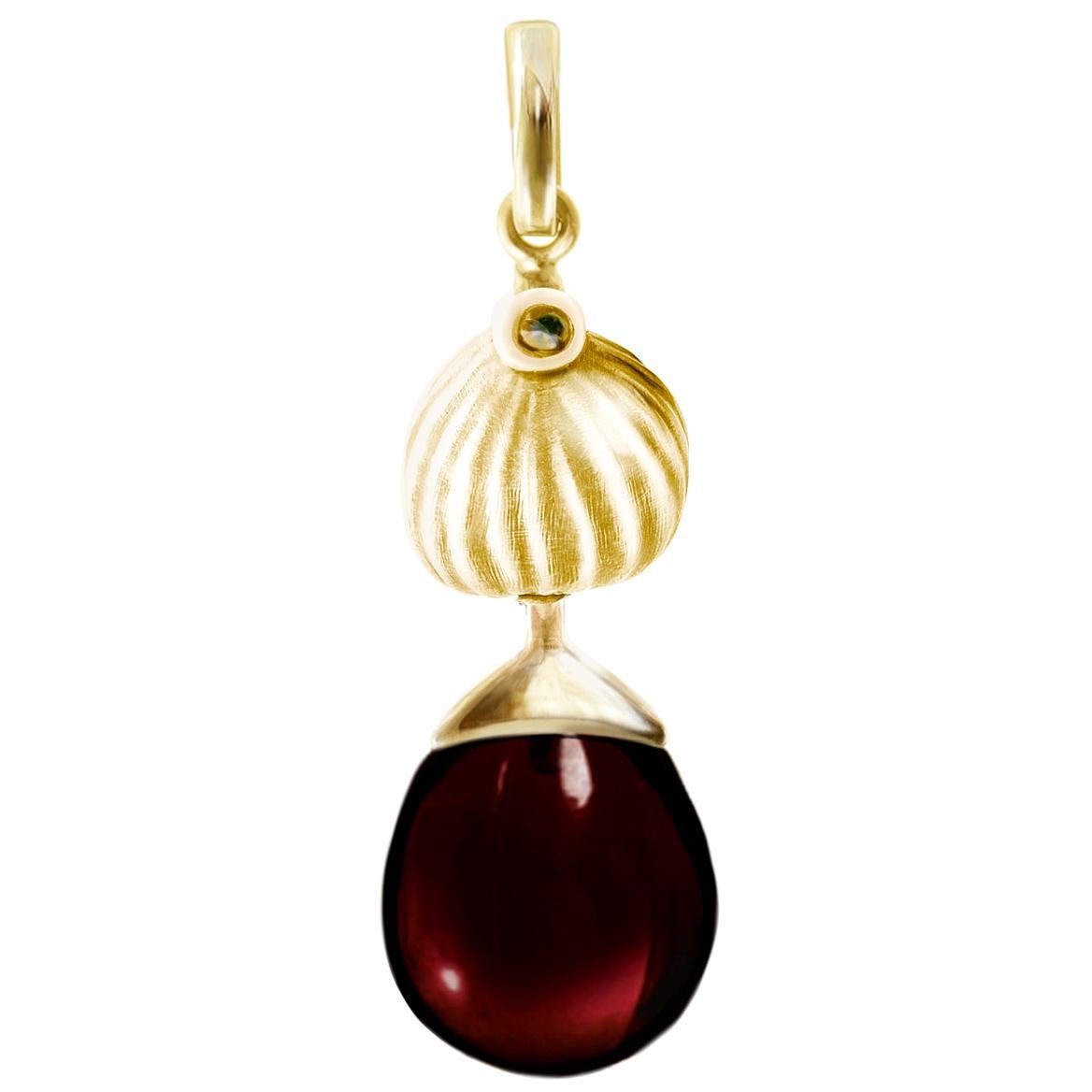 Yellow Gold Fig Necklace Pendant with Garnet Designed by the Artist For Sale