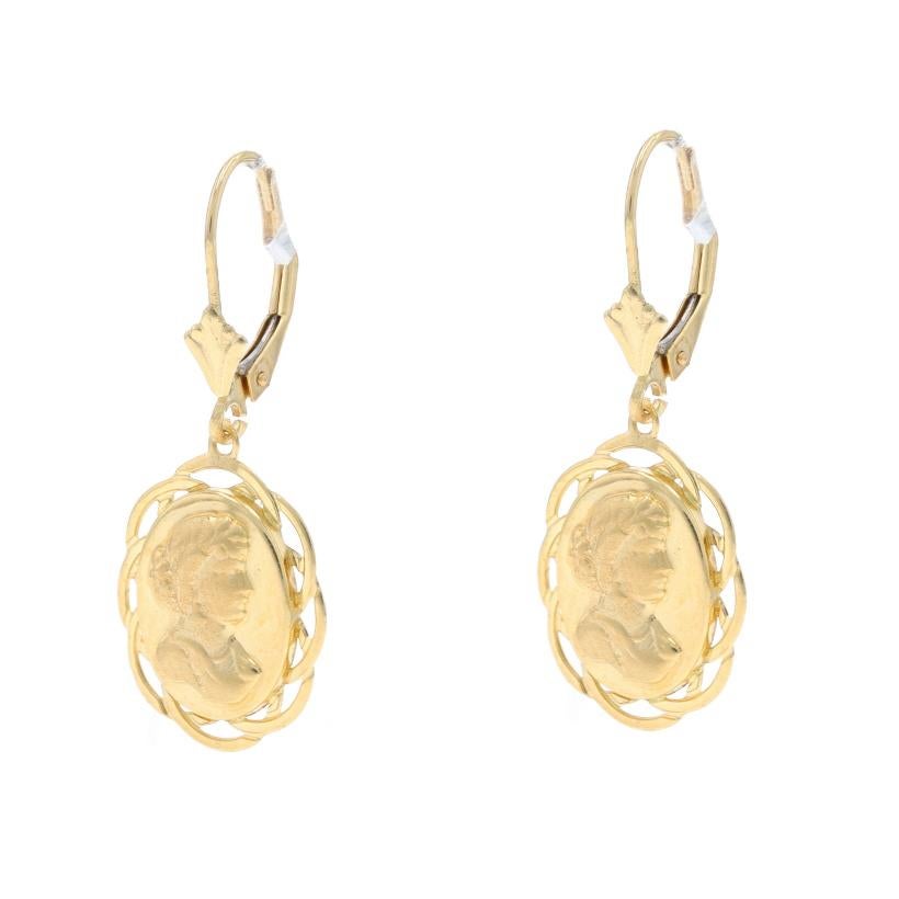 Yellow Gold Figural Silhouette Dangle Earrings - 14k Cameo-Inspired Pierced In Excellent Condition For Sale In Greensboro, NC