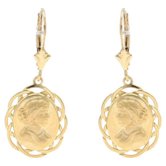 Yellow Gold Figural Silhouette Dangle Earrings - 14k Cameo-Inspired Pierced For Sale