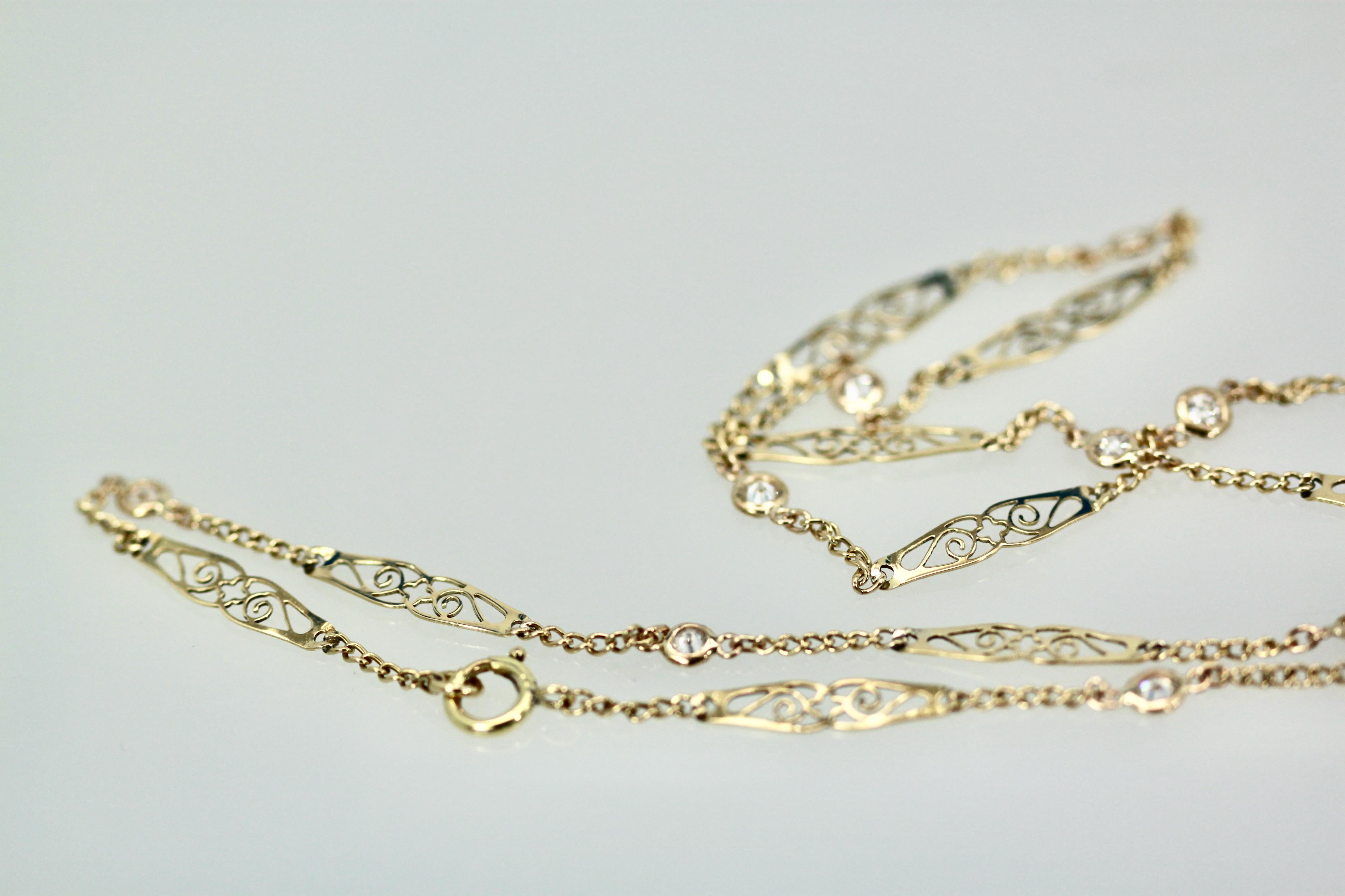 Modern Yellow Gold filigree 14K long Chain studded with Diamonds