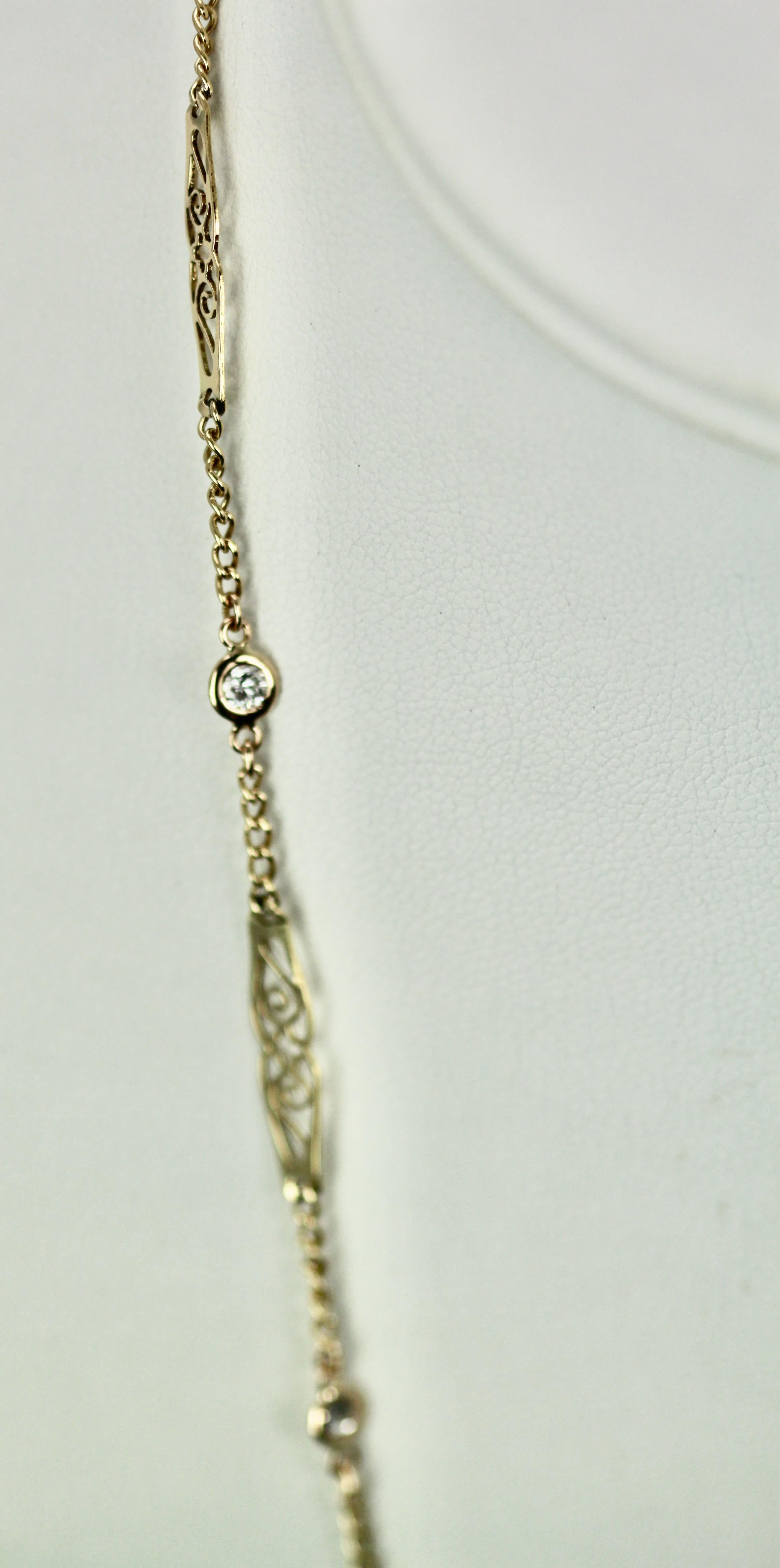 Round Cut Yellow Gold filigree 14K long Chain studded with Diamonds