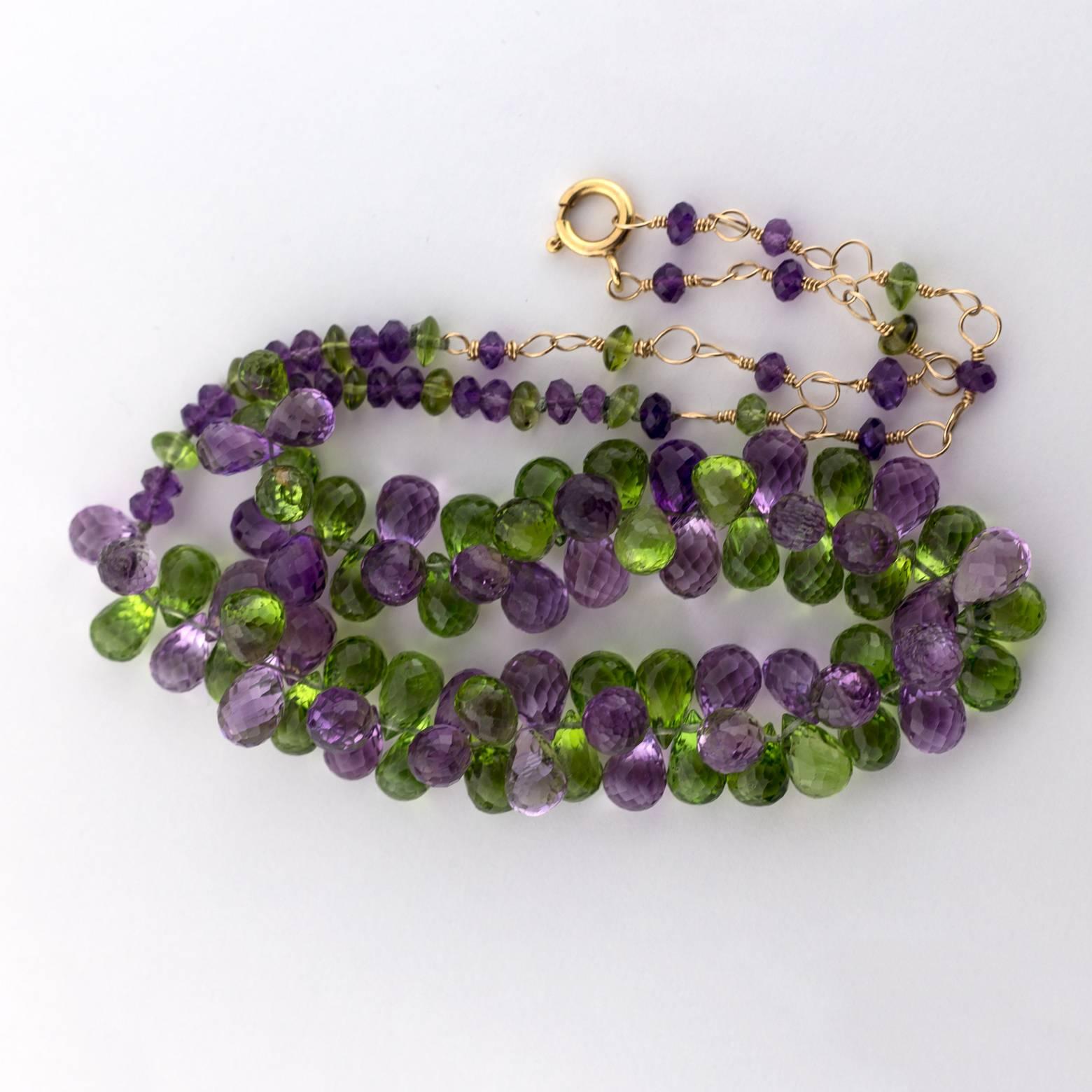 Modern Yellow Gold Filled Necklace with Briolette Amethysts and Briolette Peridots For Sale