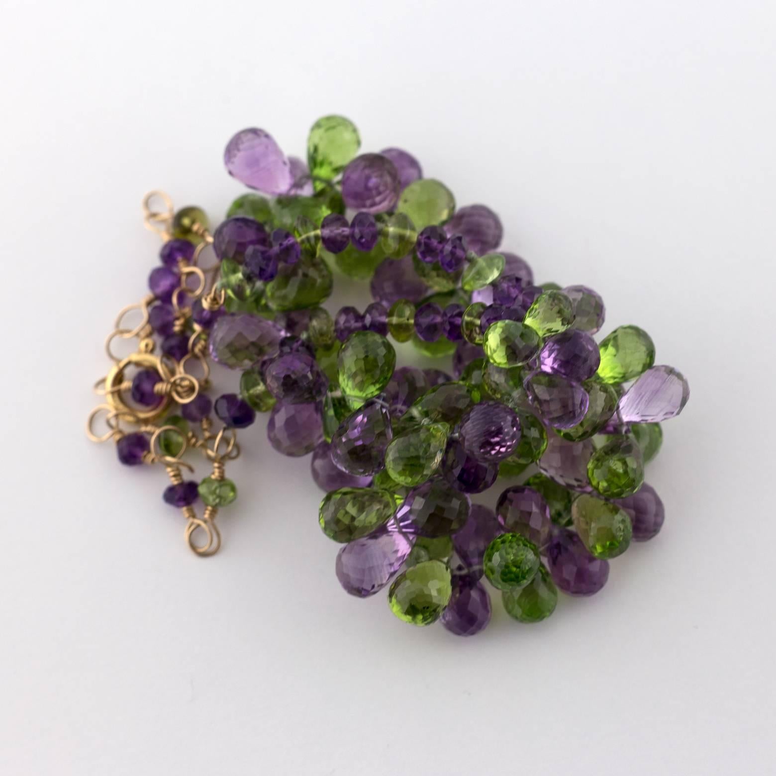 Yellow Gold Filled Necklace with Briolette Amethysts and Briolette Peridots In Excellent Condition For Sale In Berkeley, CA