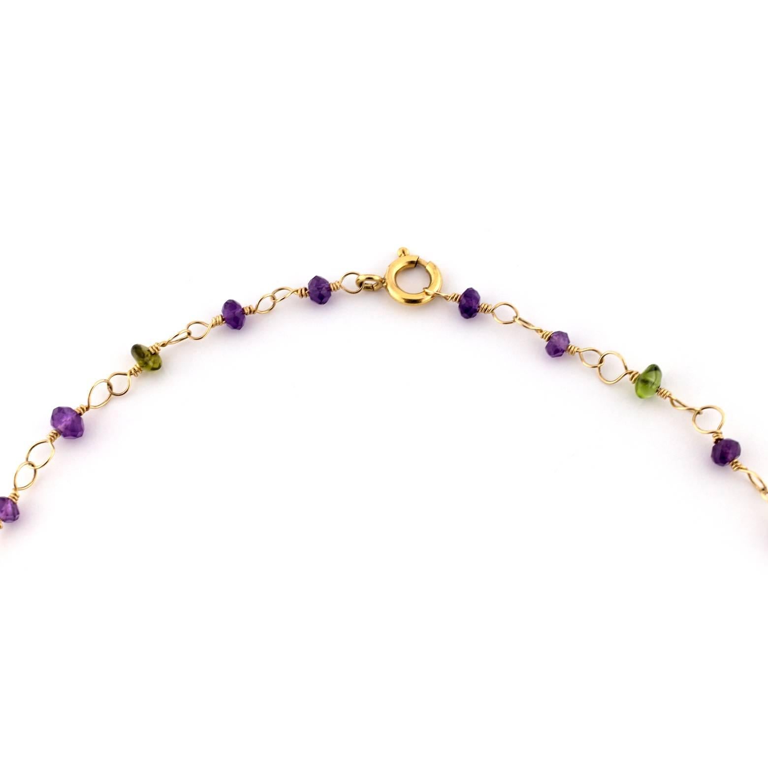 Women's Yellow Gold Filled Necklace with Briolette Amethysts and Briolette Peridots For Sale