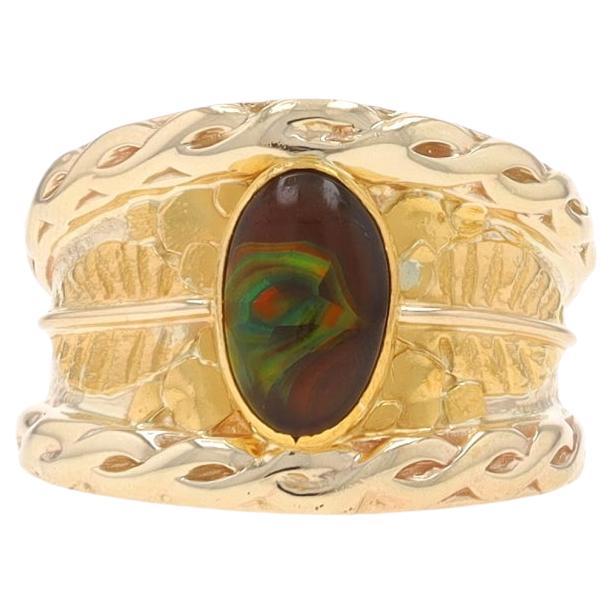 Yellow Gold Fire Agate Solitaire Ring - 14k 24k Oval Cabochon Leaves Sz 6 1/4 For Sale
