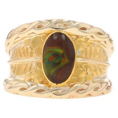 Yellow Gold Fire Agate Solitaire Ring - 14k 24k Oval Cabochon Leaves Sz 6 1/4