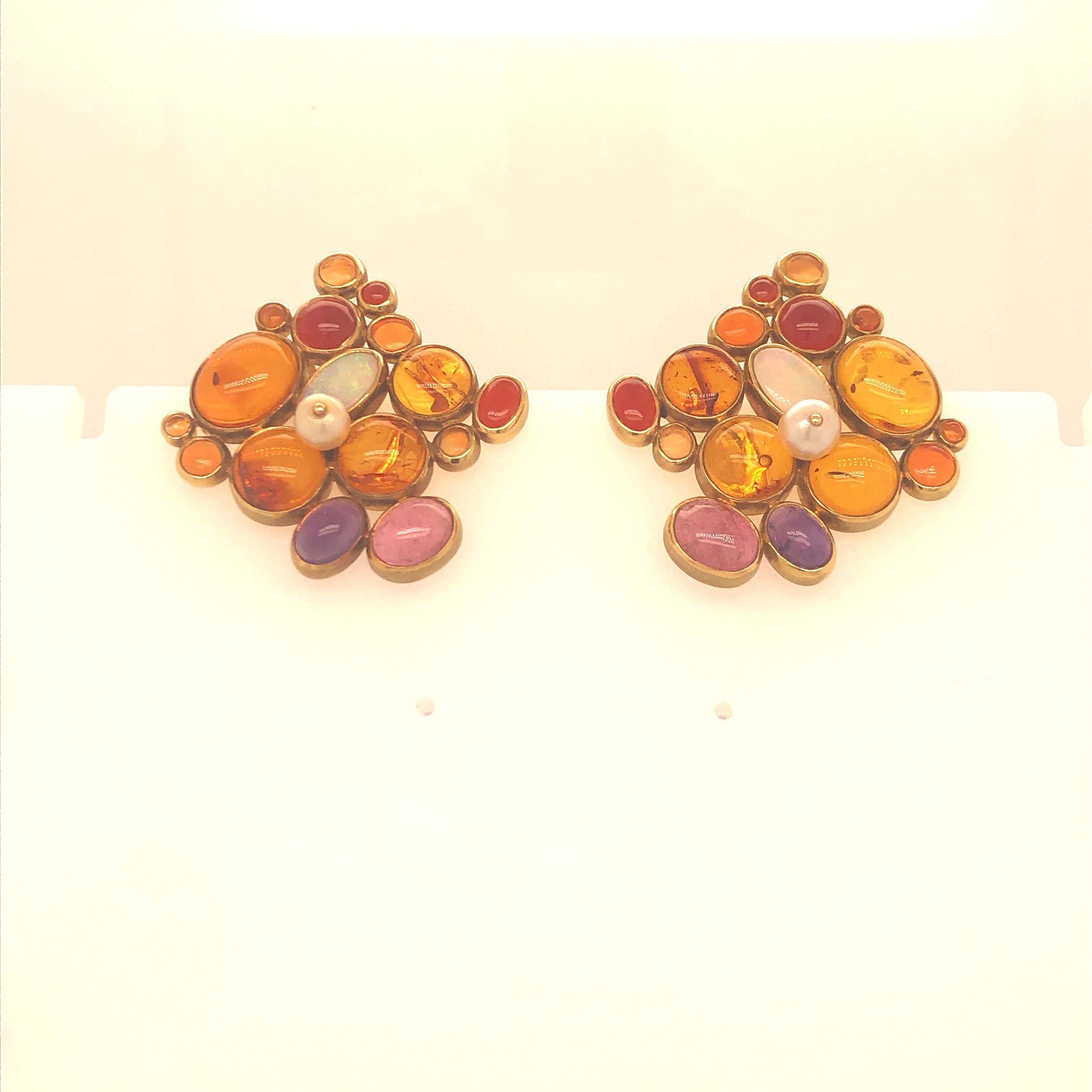 Retro Yellow Gold Fire Opal Amber and Opal Earrings