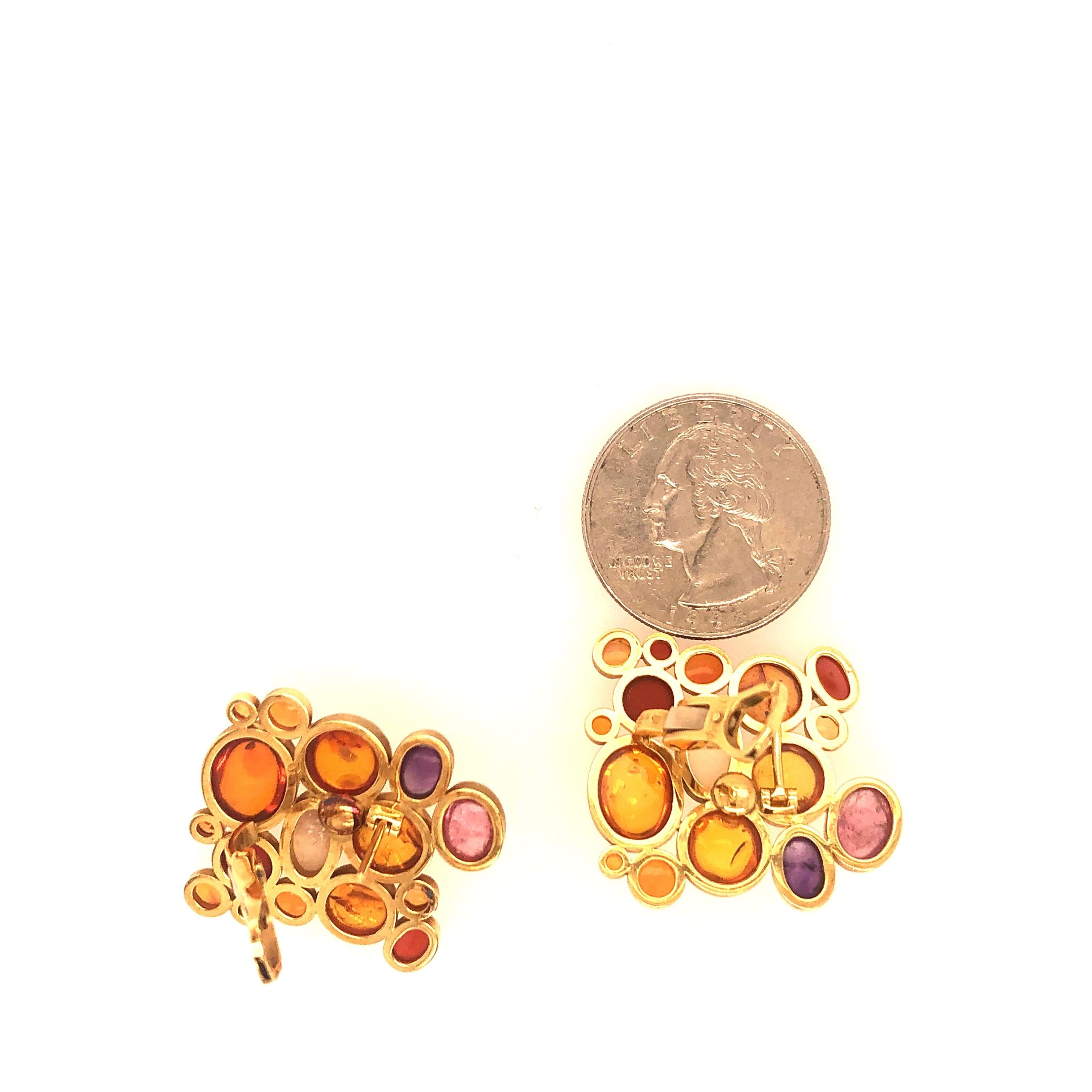 Cabochon Yellow Gold Fire Opal Amber and Opal Earrings