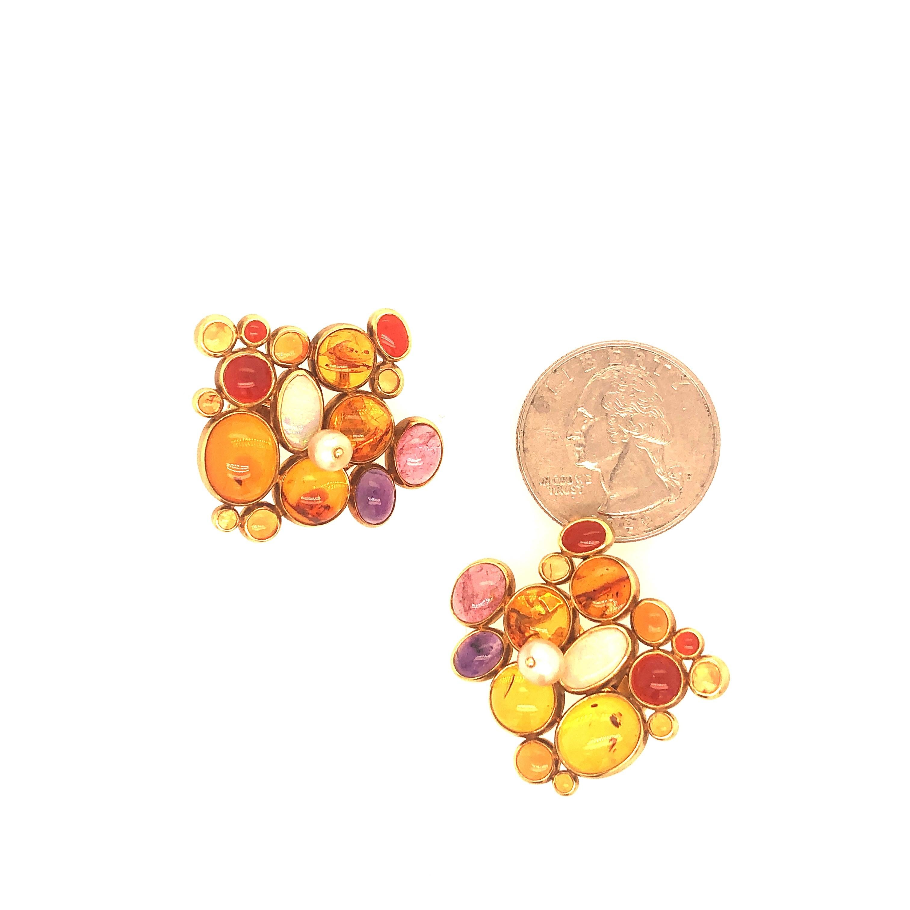 Yellow Gold Fire Opal Amber and Opal Earrings 1