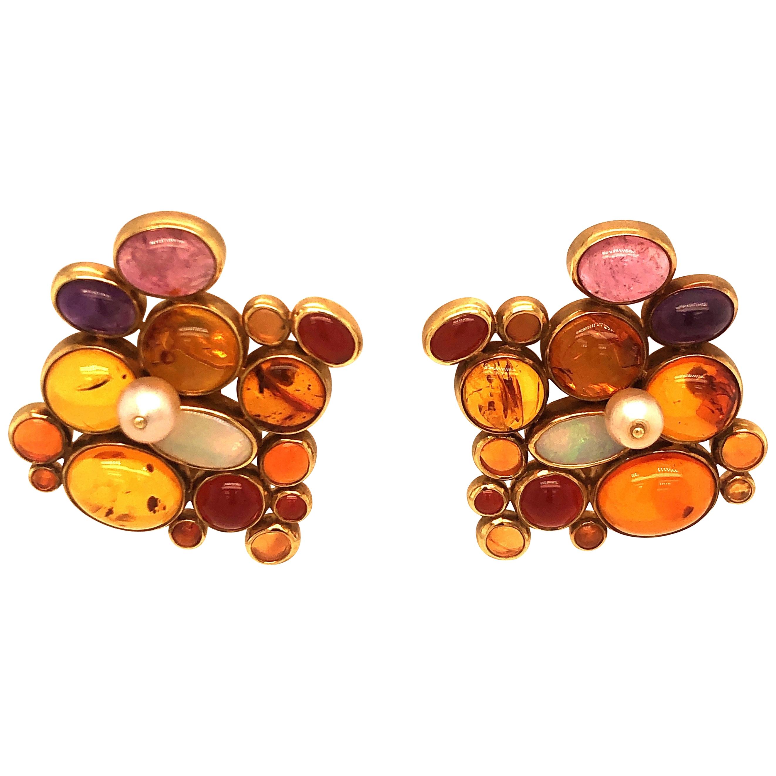 Yellow Gold Fire Opal Amber and Opal Earrings