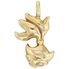 Yellow Gold Fish Charm with 0.02 Carat Diamond Pendant Necklace