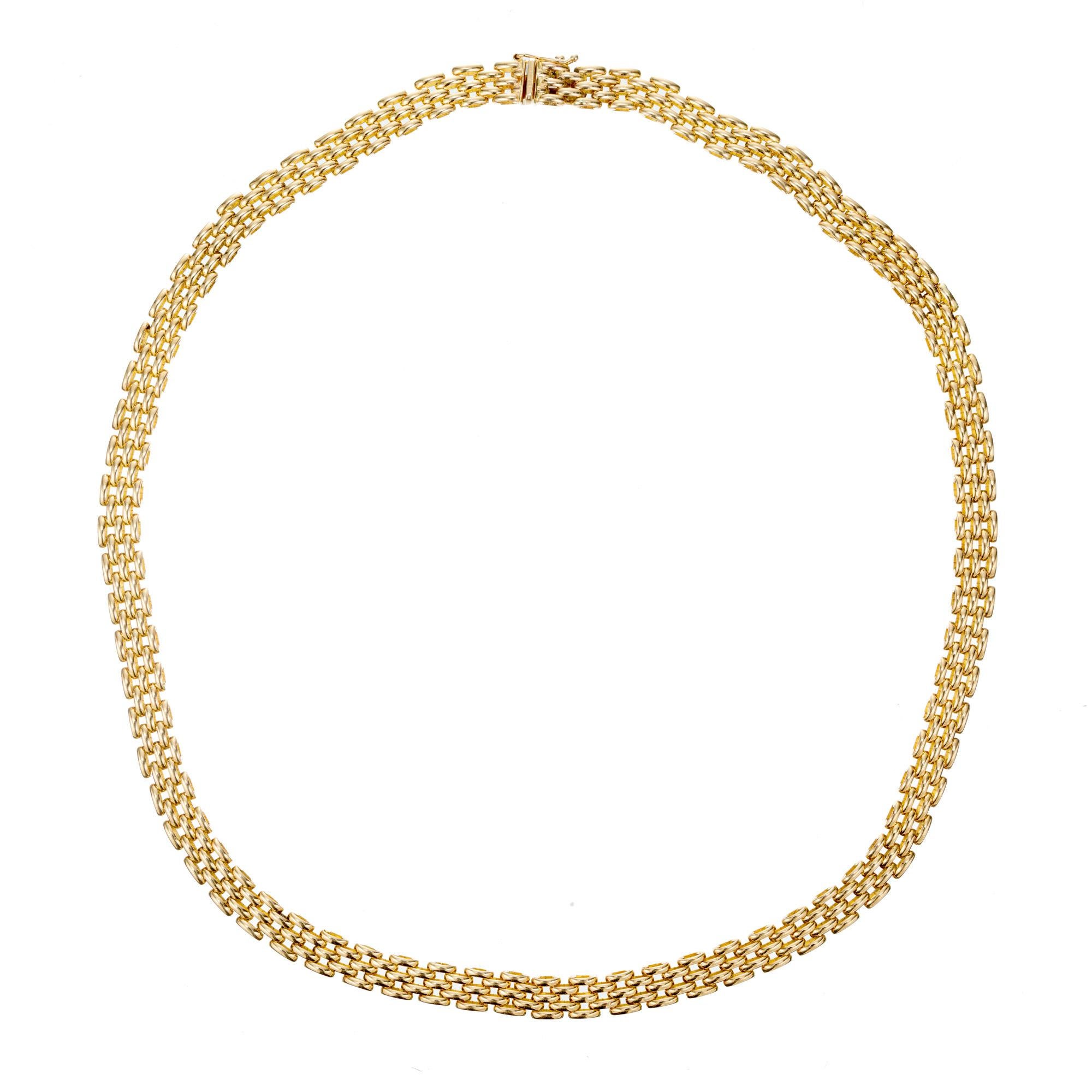 Italian Panther link necklace in 14k yellow gold. 19 inches in length.  

14k yellow gold 
Stamped: 14k 585
39.8 grams
Chain: 19 Inches
Total length: 19 Inches
Width: 7mm 
Thickness/depth:2.7mm
