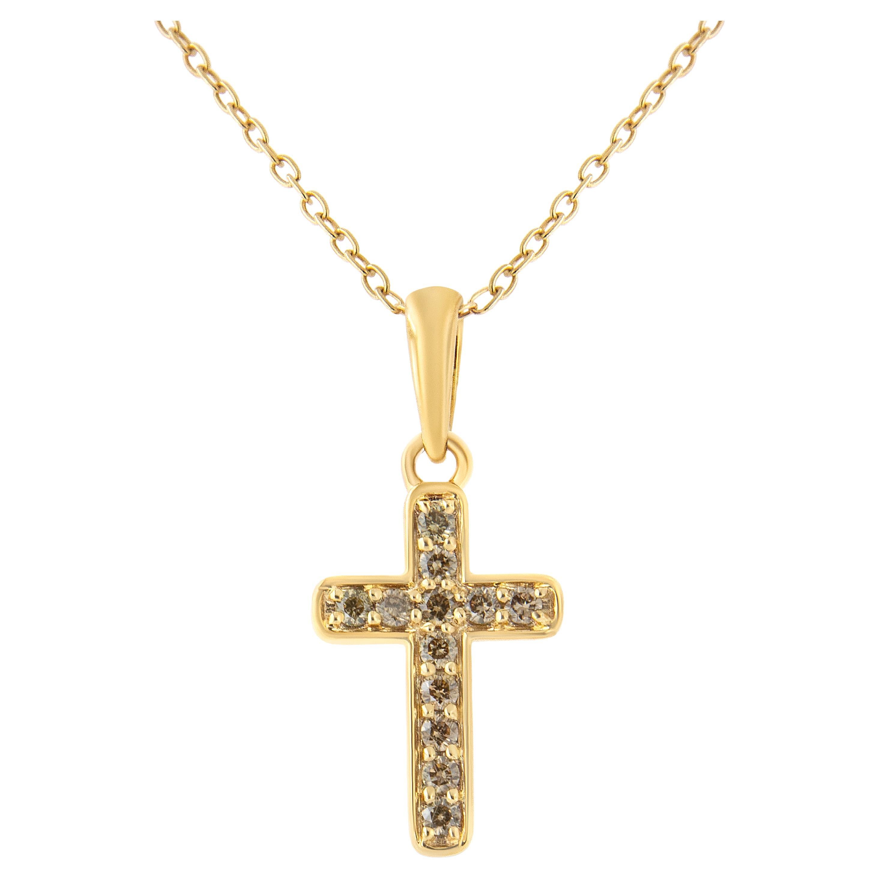 Yellow Gold Flashed Silver 1/4 Carat Champagne Diamond Cross Pendant Necklace For Sale