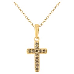 Collier pendentif croix champagne en or jaune et argent bouclé avec diamants de 1/4 carat