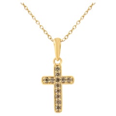 Yellow Gold Flashed Silver 1/4 Carat Champagne Diamond Cross Pendant Necklace