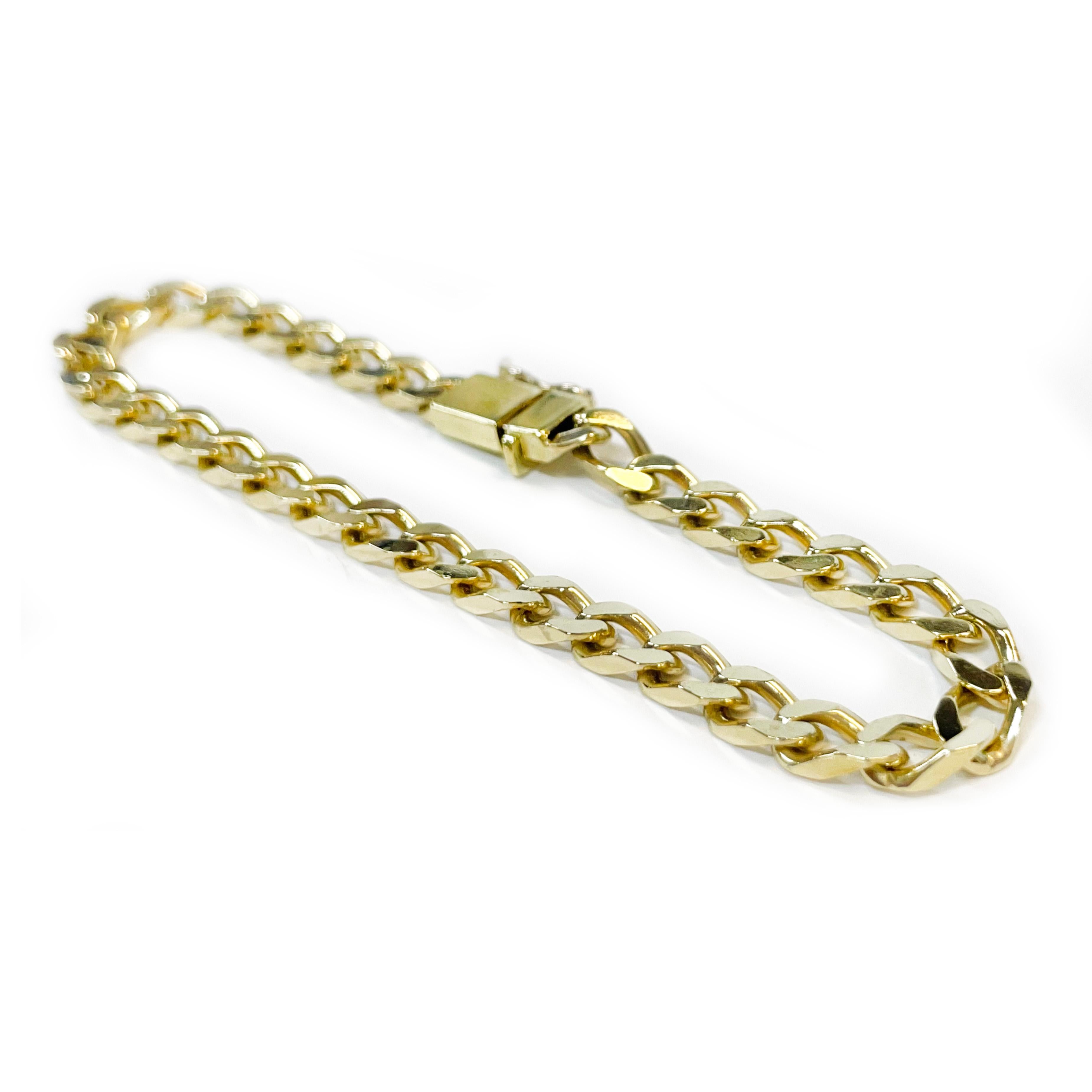 14 Karat Yellow Gold Flat-Curb Link Bracelet. This bracelet features 4.8 x 8.6mm flat-curbed links. The bracelet has an overall smooth shiny finish. The bracelet is 7