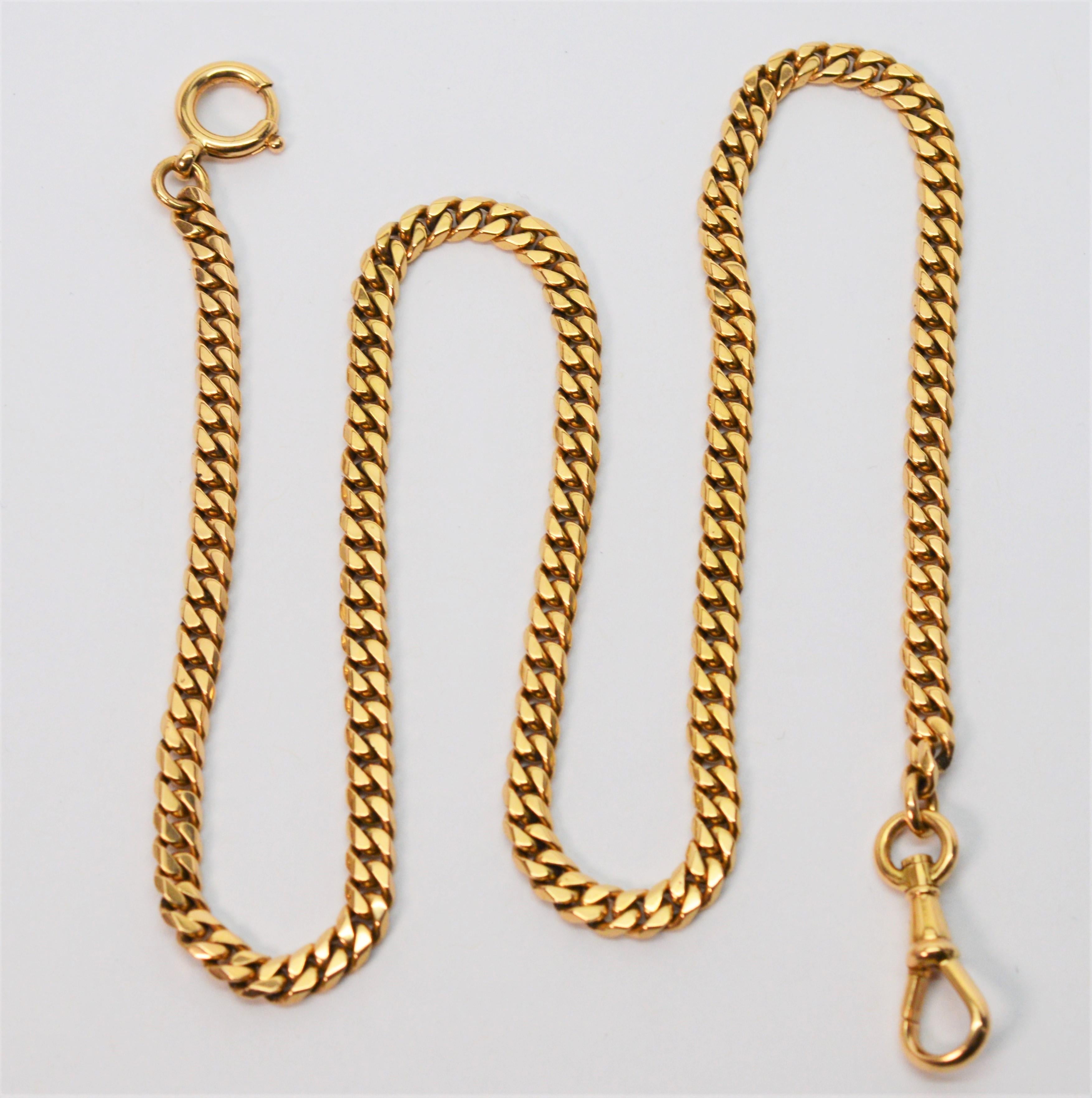 14K Yellow Gold Flat Curb Style Pocket Watch Chain In Excellent Condition In Mount Kisco, NY
