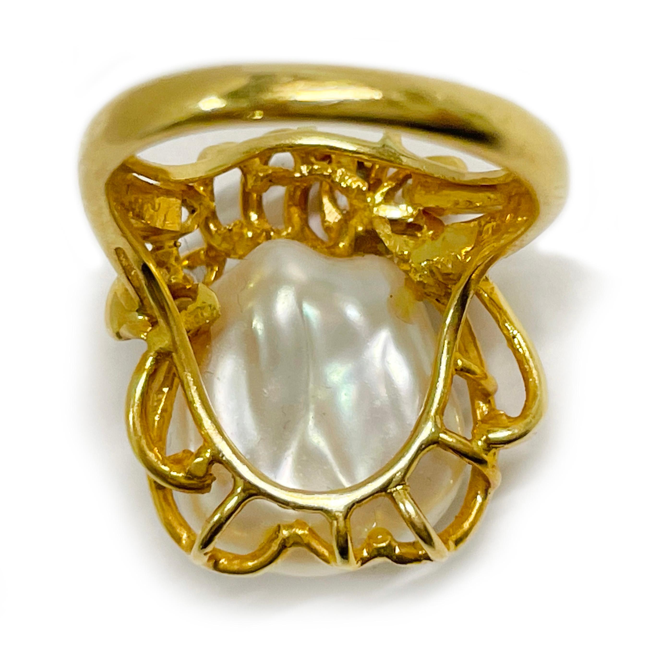 Retro Yellow Gold Flat Freshwater Pearl Diamond Ring For Sale