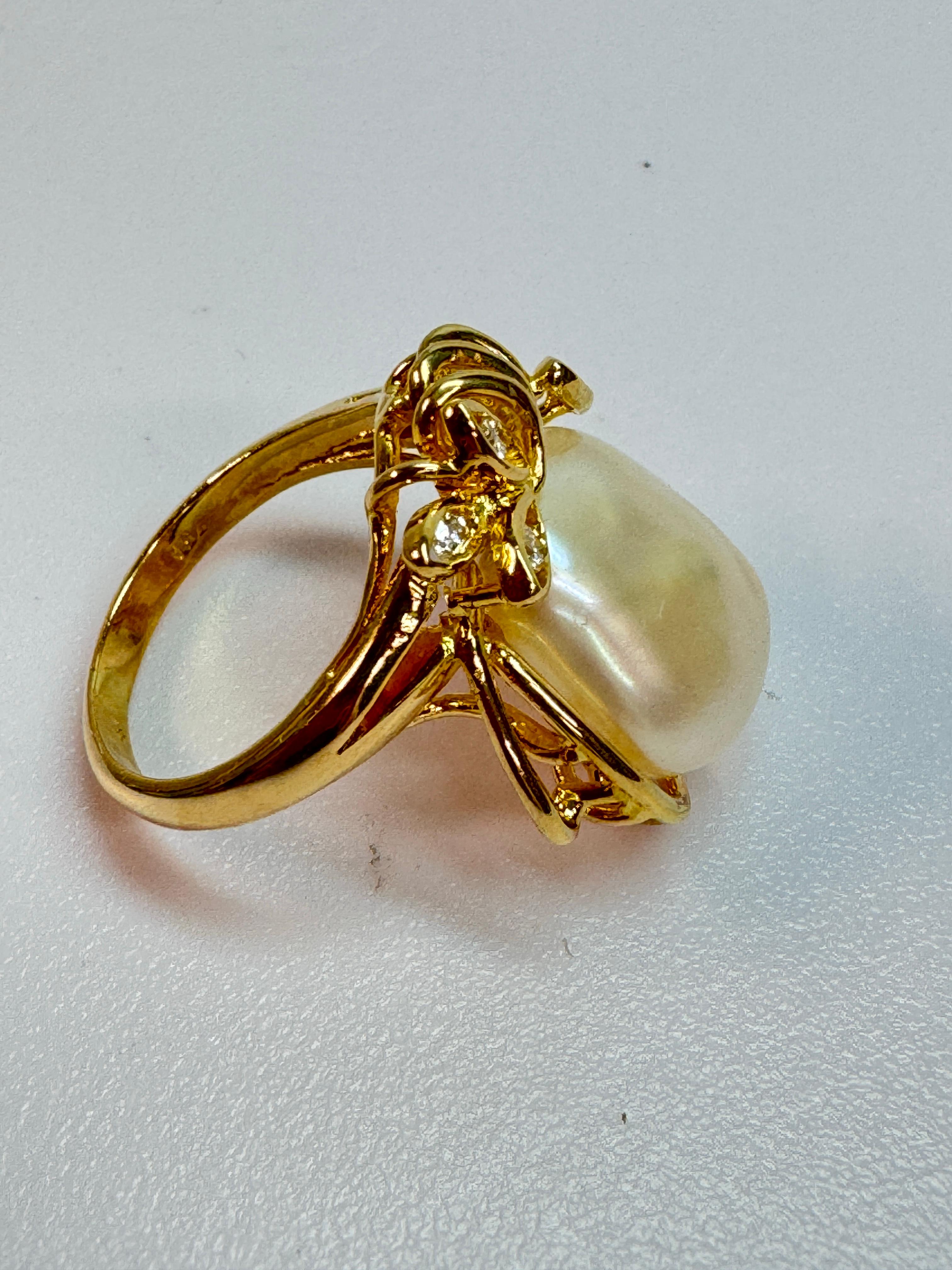 Yellow Gold Flat Freshwater Pearl Diamond Ring For Sale 2