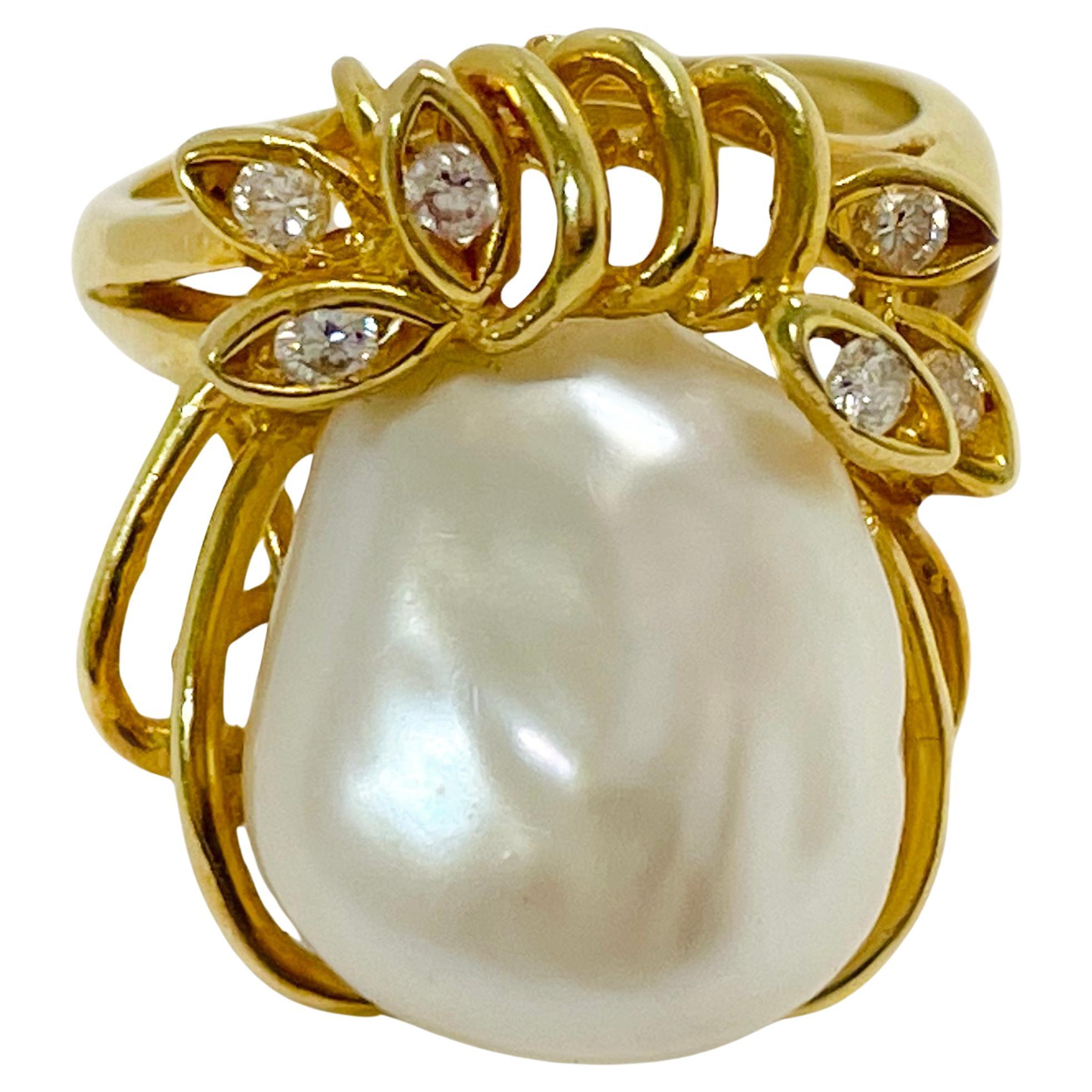 Yellow Gold Flat Freshwater Pearl Diamond Ring For Sale