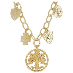 Yellow Gold Fleur-de-Lis Necklace, 14 Karat Cross and Shield Spring Ring Clasp