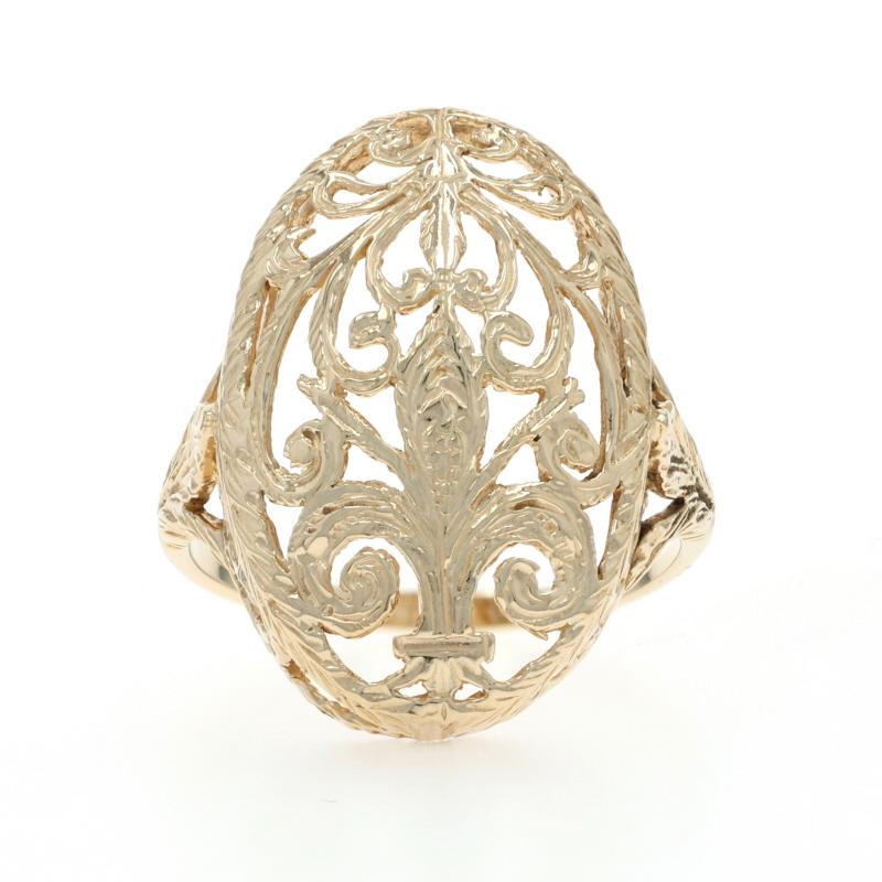 Größe: 7 1/4
Gebühr für Größenanpassung: 2 Größen hoch für $40 oder 1 Größe runter für $40

Metallgehalt: 14k Gelbgold

Stil: Statement
Thema: Fleur-de-lis
Merkmale: Geätzt, offener Schnitt Design

Messungen

Gesichtshöhe (von Norden nach Süden):