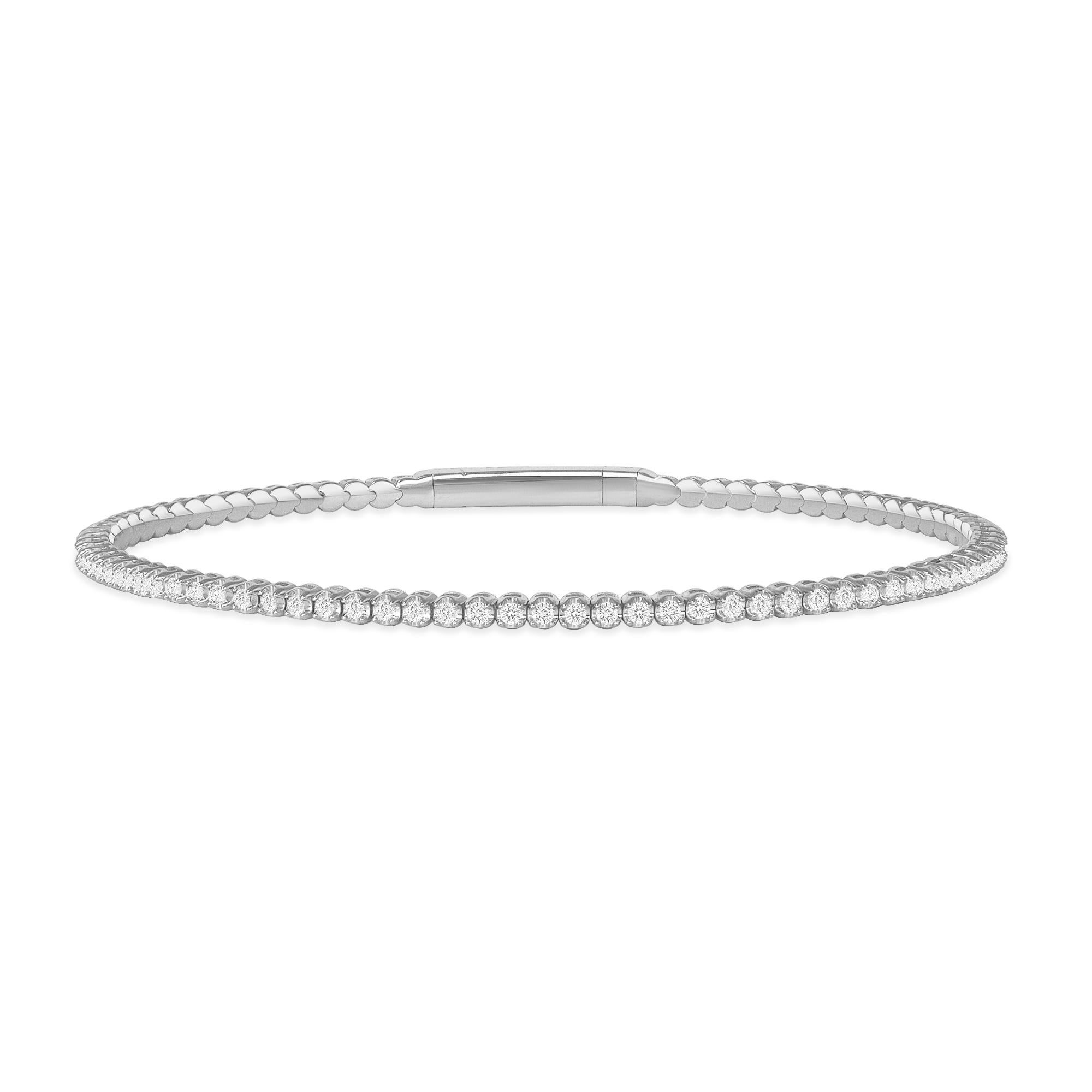 Flexible Bracelet Bangle 1.50 Carat Round Diamonds. Graded as SI Clarity and G-H color in a prong setting. Manufactured in standard size; 7 inches in length. Handcrafted in 14k Yellow Gold or White Gold setting. 