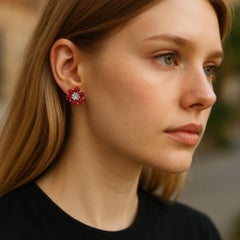 Yellow Gold Floral 0.40 Inch Earrings Adorned with Finest Gemstones 2.70 Carats