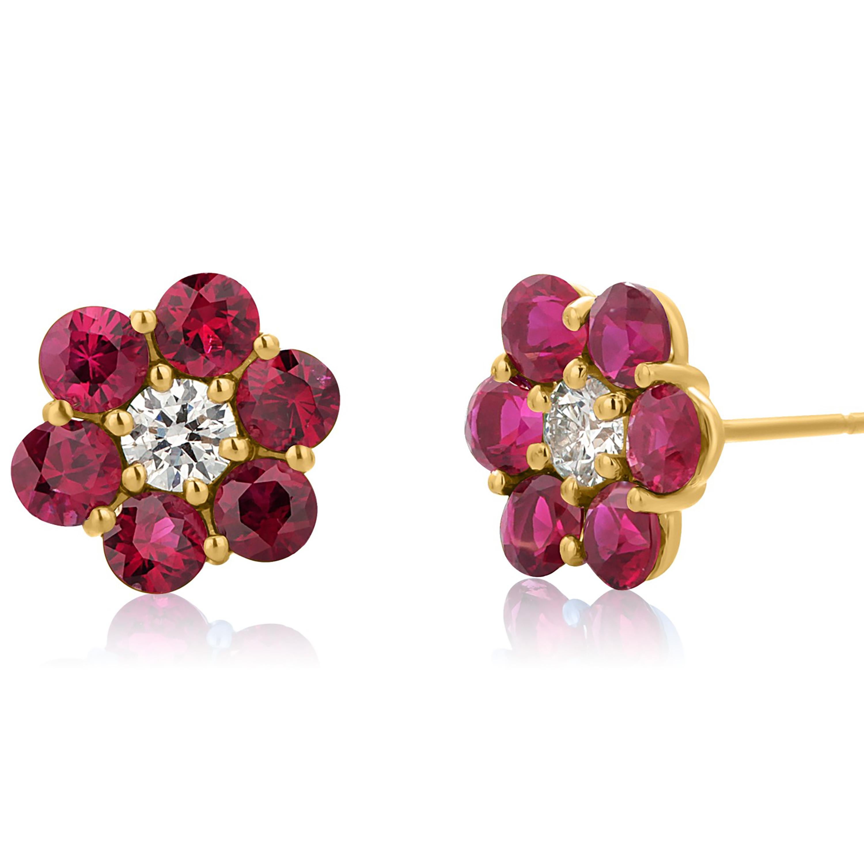 Round Cut Yellow Gold Floral 0.40 Inch Earrings Adorned with Finest Gemstones 2.70 Carats For Sale