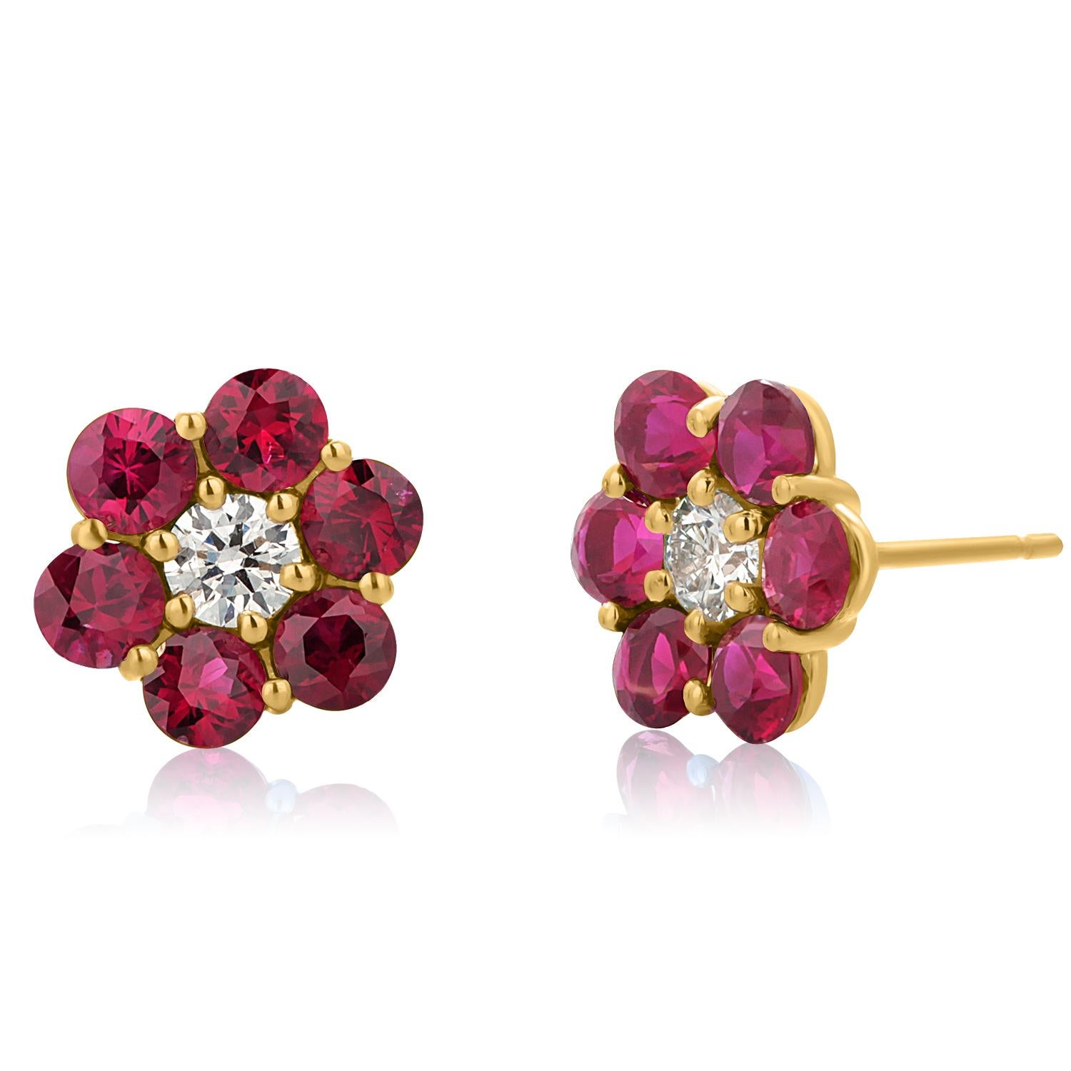 Yellow Gold Floral 0.40 Inch Earrings Adorned with Finest Gemstones 2.70 Carats For Sale 1