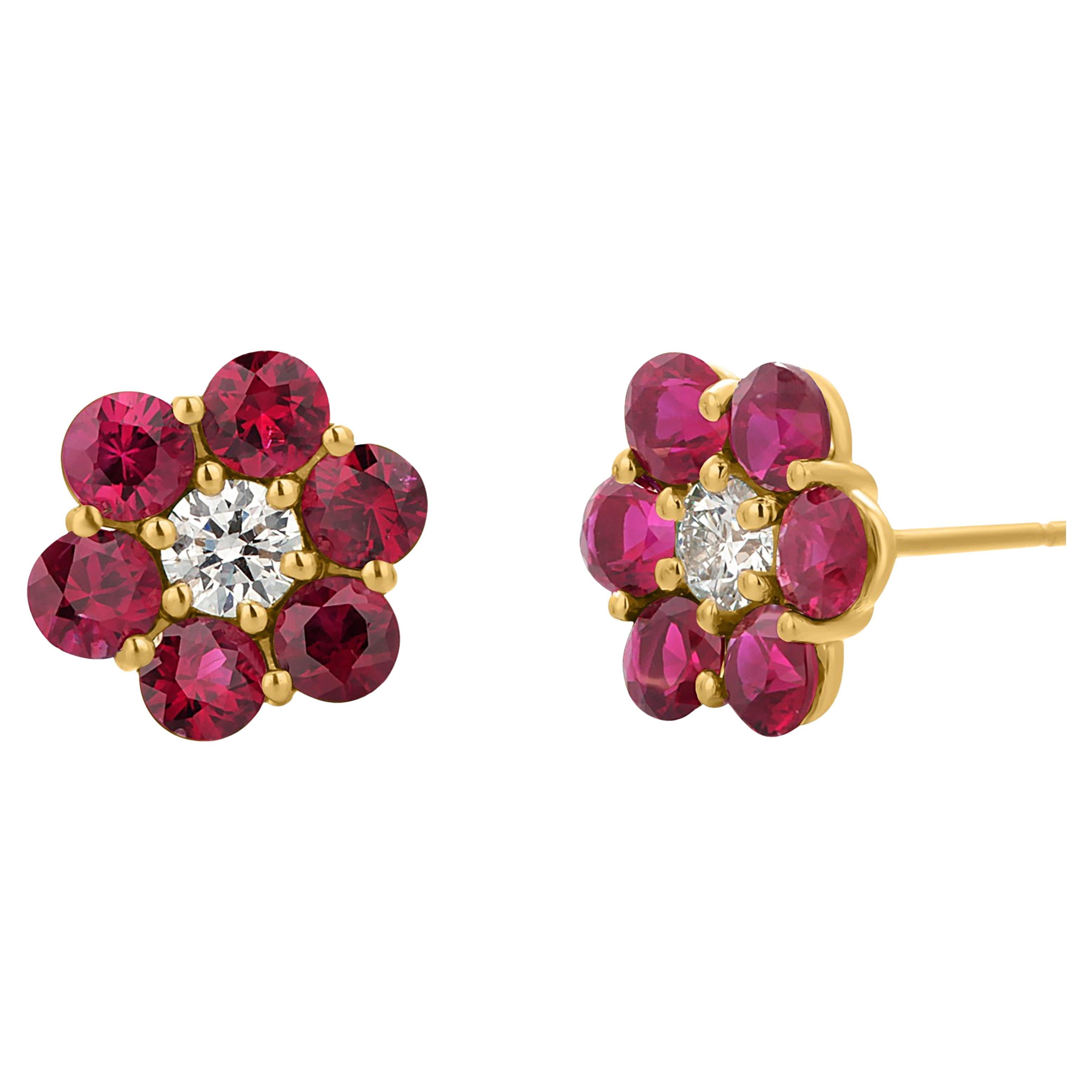 Yellow Gold Floral 0.40 Inch Earrings Adorned with Finest Gemstones 2.70 Carats For Sale