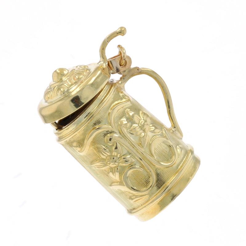 Metallgehalt: 14k Gelbgold

Thema: Floraler Bierkrug, Berlin, Deutschland, Edelweiss
Merkmale: Der angebrachte Deckel des Kruges lässt sich öffnen und schließen.

Messungen
Höhe: (hängend) 1