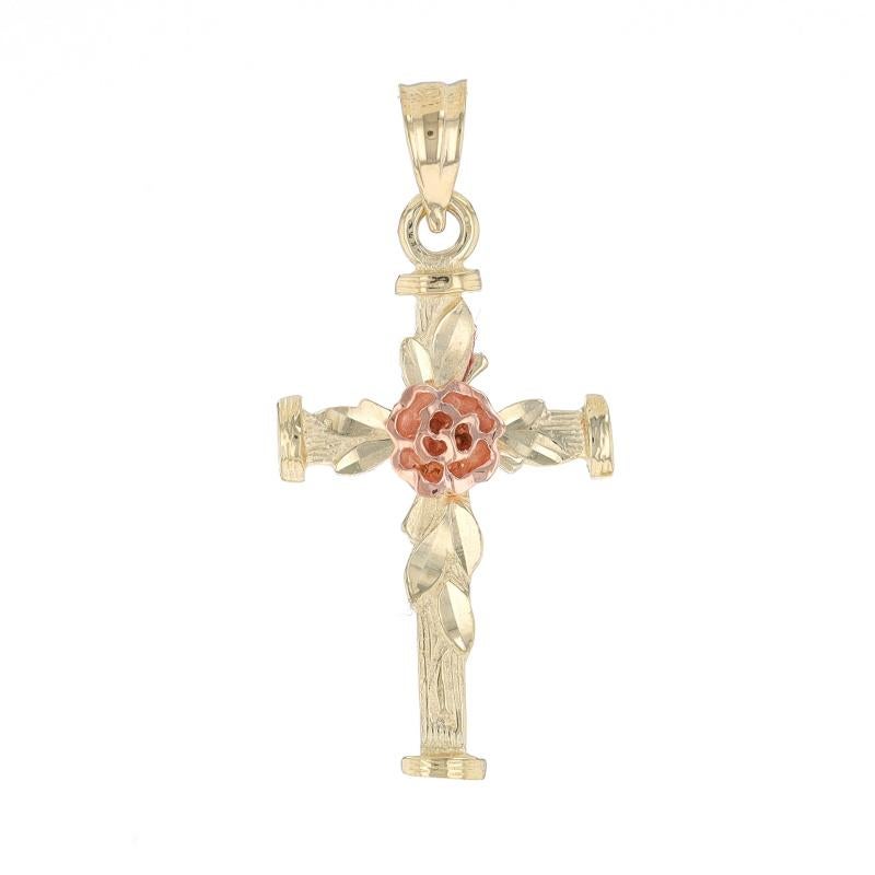 Metal Content: 14k Yellow Gold & 14k Rose Gold

Theme: Floral Cross, Faith
Features: Smooth & Textured Finishes

Measurements
Tall (from stationary bail): 15/16
