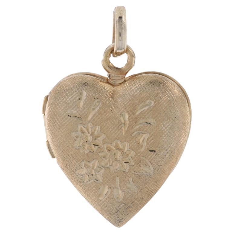Yellow Gold Floral Heart Locket, 14k Pendant Opens Two Photo Frames