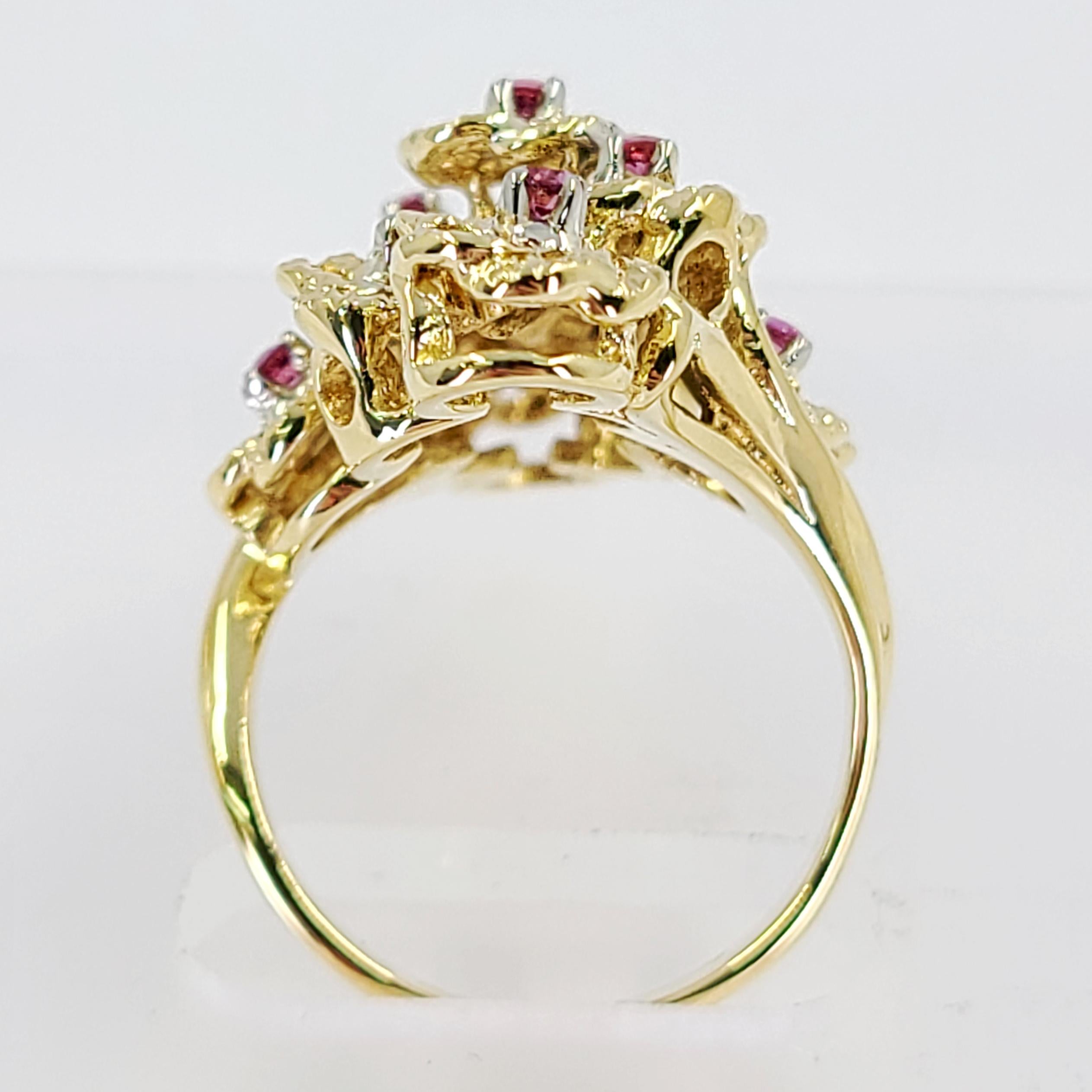 Round Cut Yellow Gold Floral Ruby Cluster Dinner Ring