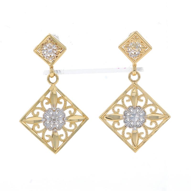 Metal Content: 14k Yellow Gold & 14k White Gold

Style: Dangle
Fastening Type: Butterfly Closures
Theme: Floral Scrollwork
Features: Filigree & Milgrain Detailing with Etched Accents

Measurements
Tall: 7/8