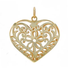 Yellow Gold Floral Scrollwork Heart Pendant - 14k Love Italy