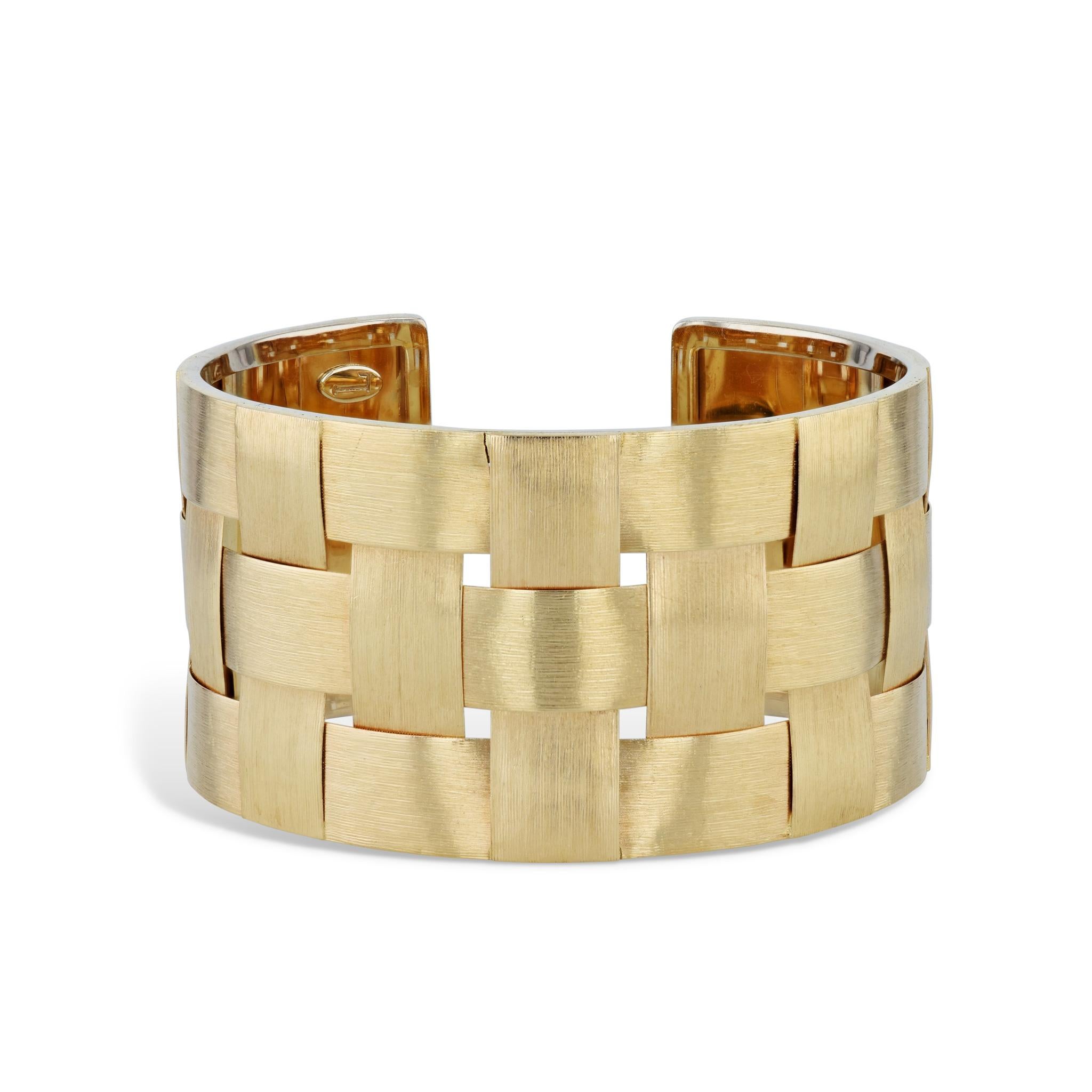 Modern Yellow Gold Florentine Weave Estate Cuff Bracelet For Sale