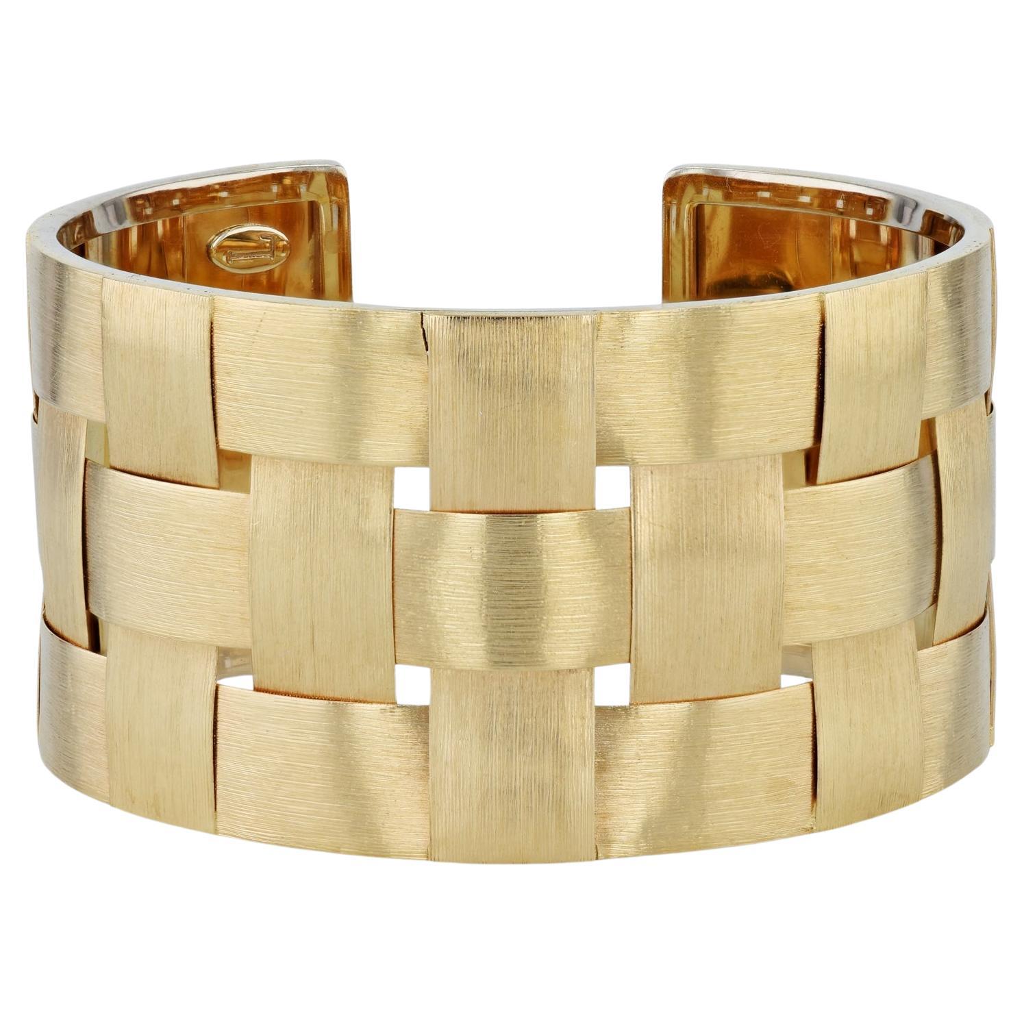 Yellow Gold Florentine Weave Estate Cuff Bracelet For Sale