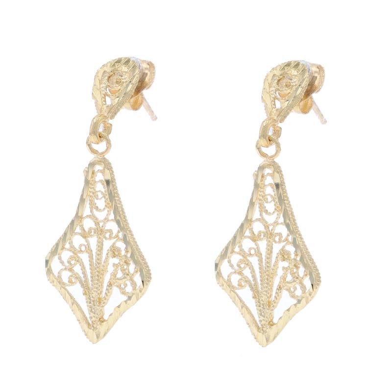 Yellow Gold Flourishing Scroll Fan Dangle Earrings - 14k Pierced In Excellent Condition For Sale In Greensboro, NC