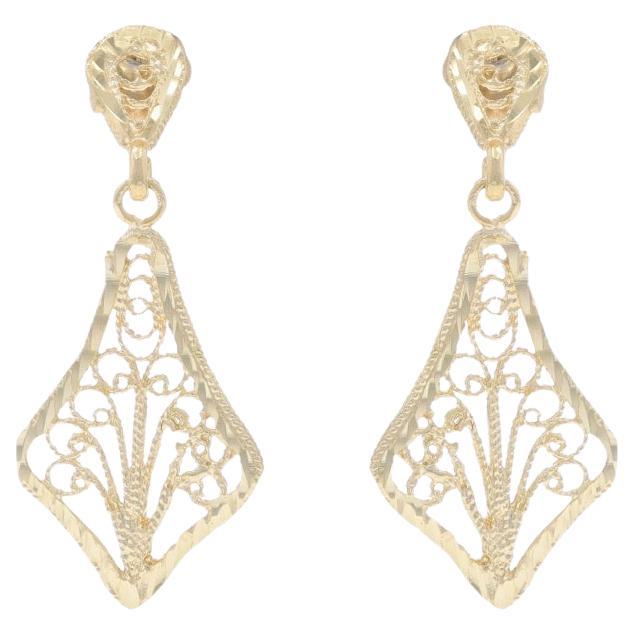 Yellow Gold Flourishing Scroll Fan Dangle Earrings - 14k Pierced For Sale