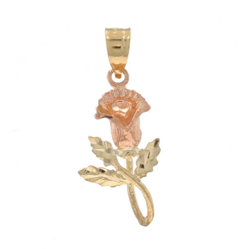 Metal Content: 14k Yellow Gold & 14k Rose Gold

Theme: Flower Blossom
Features: Textured Detailing

Measurements

Tall (from stationary bail): 25/32