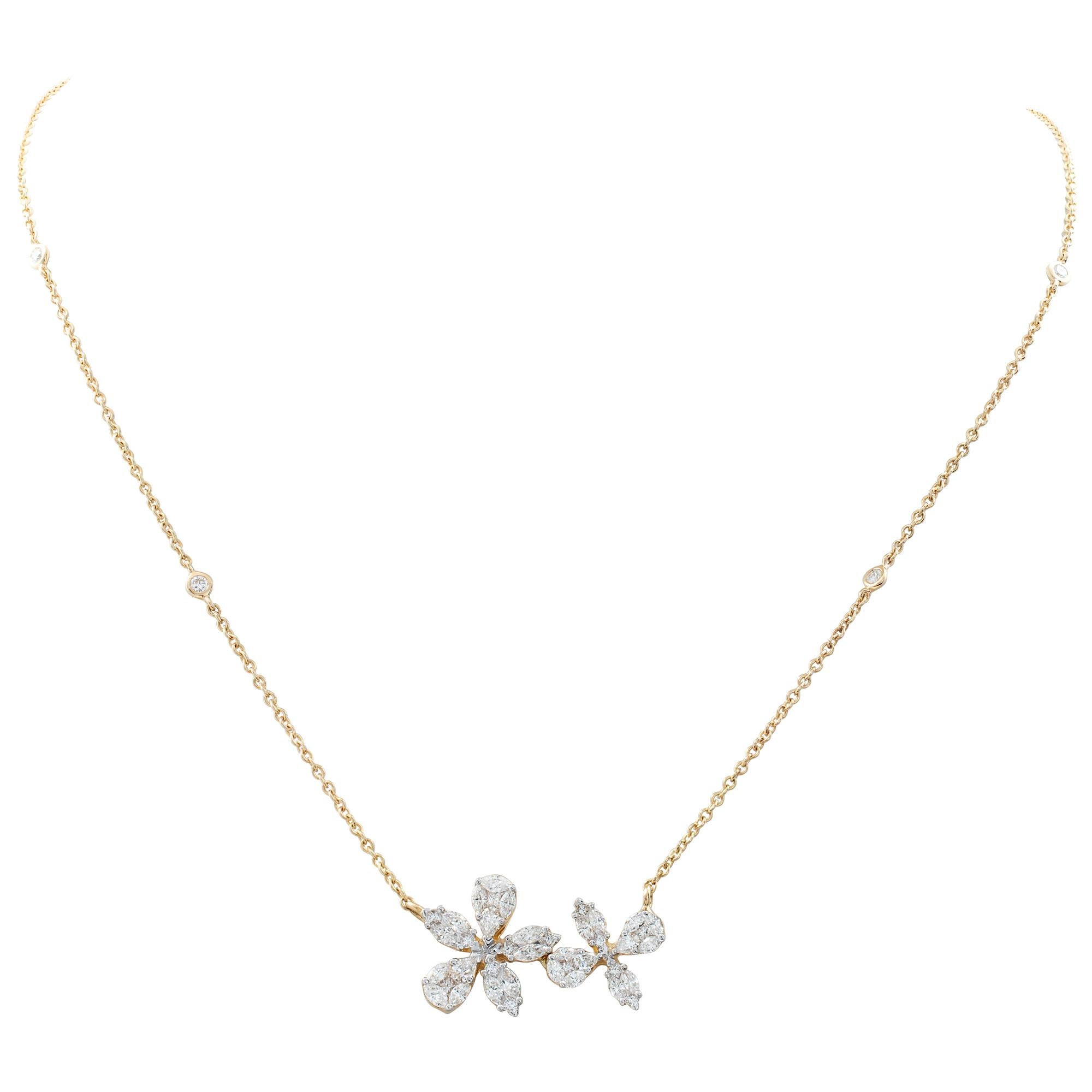Diamantene Blumenkette aus 18k Gelbgold. Runde und marquise Diamanten im Brillantschliff, Gesamtgewicht: ca. 1,60 Karat, Farbe G-H, Reinheit VS. Länge 18 Zoll.
