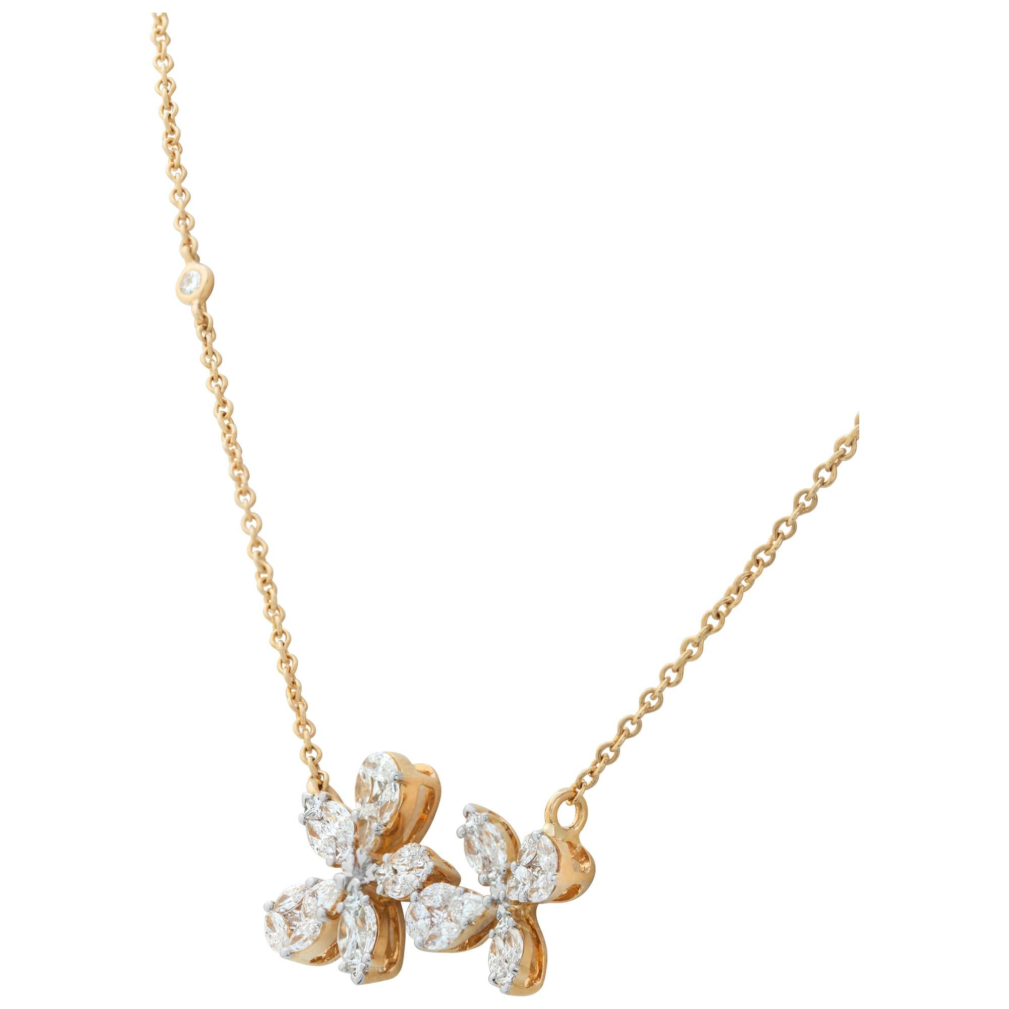 Halskette aus Gelbgold mit Blumendiamantenketten aus Gelbgold mit runden und Diamanten im Marquiseschliff im Zustand „Hervorragend“ in Surfside, FL